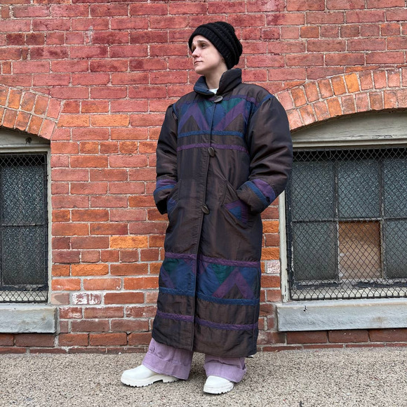80s Long Coat MultiColored Bust-44 Length- 48" Modern Size Medium VTG